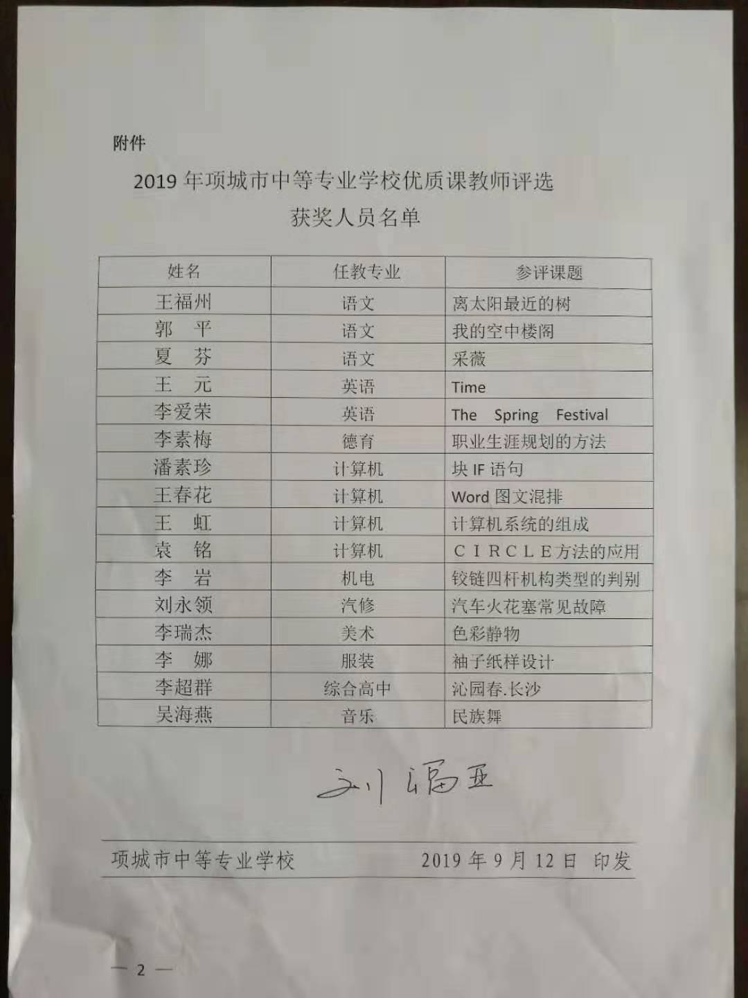 华球关于公布2019年校级优质课教师评选结果的通知